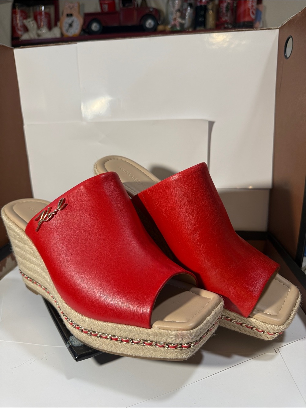 Karl Lagerfeld Red Leather Espadrille Wedge Mules